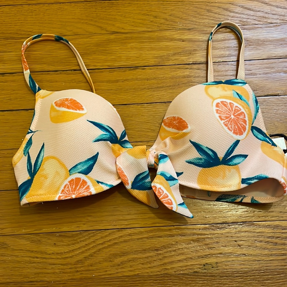 Grapefruit Print Front Tie Textured Bikini Top - 34C